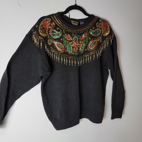 Vtg‎ 80s Trimmings Black Ramie Sweater with Gold Sequin Embellished Glam Medium - Picture 8 of 8